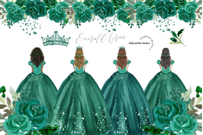 Emerald Green Princess Dress Clipart, Green Flowers Clipart