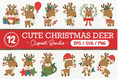 Cute Christmas Deer Clipart Bundle, Christmas deer SVG Pack