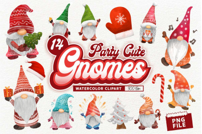 Party Cute Gnomes Clipart, Watercolor Christmas Gnomes PNG