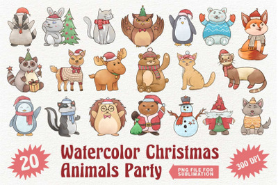 Watercolor Christmas Animals Party PNG Sublimation Clipart