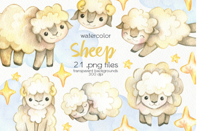 Watercolor Sheep Clipart - PNG Files