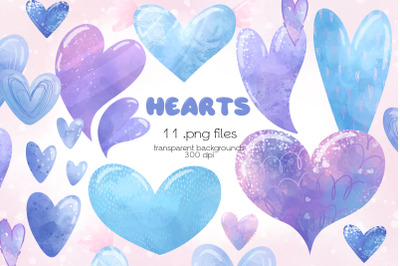 Watercolor Hearts Clipart - PNG Files