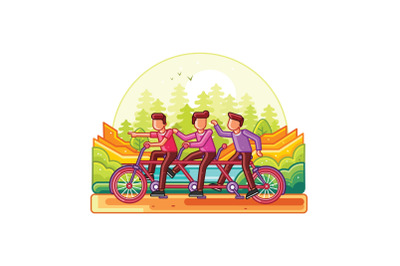 Teamwork Riding Tandem Bicycle Line Illustration