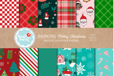 HOHOHO Merry Christmas Holiday Digital Papers, Winter Holiday Art, Ret