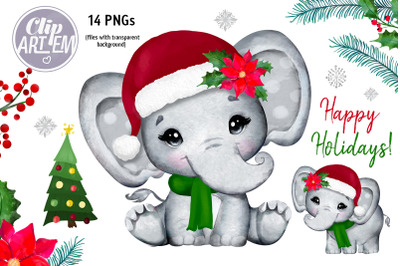 Christmas Bundle Elephant Girl 14 PNG Watercolor Clip Art&nbsp;images.