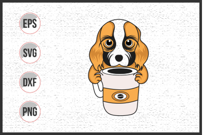 Dog with coffee mug vector illustration graphic.