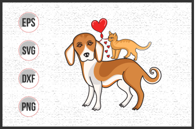 Dog and cat with hearts vector graphic illustration