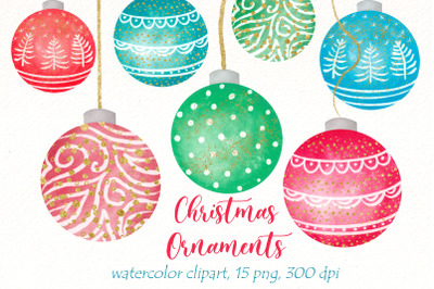 Watercolor Christmas Ornament Clipart | Glitter Baubles png