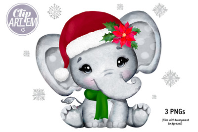 Happy Christmas Elephant Girl with Santa&#039;s hat and scarf 3 PNGs