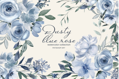 Watercolor Dusty Blue Floral Clipart Set