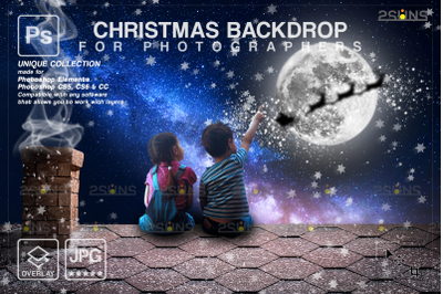Christmas Rooftop Santa in Moon Digital Backdrop