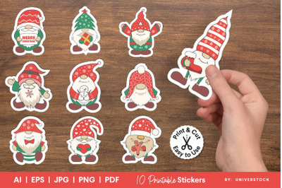 Cute Santa Gnome Stickers, Christmas Gnome Printable Sticker
