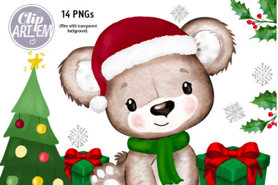 Sweet Christmas Boy Bear Watercolor 14 PNG Bundle New Year imsges