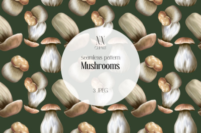 white Mushrooms Digital paper, Watercolor seamless pattern