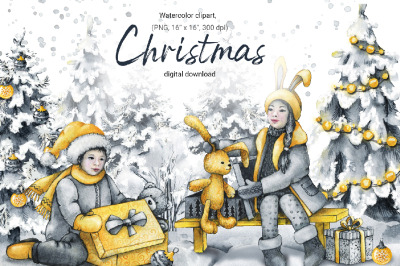 Christmas clipart, children open gifts, winter scene