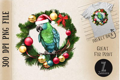 Cute Parrot In Christmas Wreath