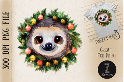 Cute Sloth In Christmas Wreath