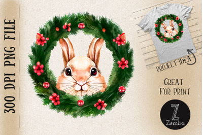 Cute Bunny Rabbit In Christmas Wreath