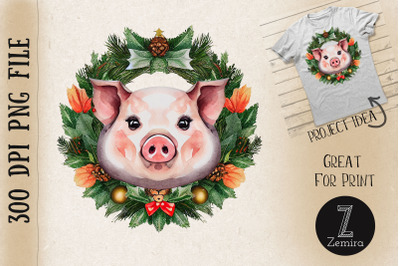 Cute Pig In Christmas Wreath