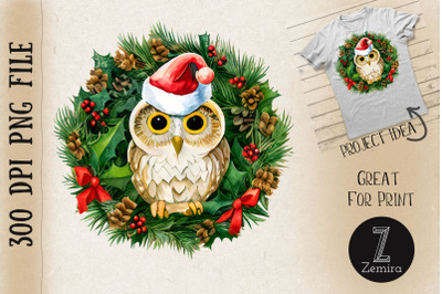 Cute Owl In Christmas Wreath