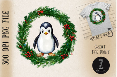 Cute Penguin In Christmas Wreath