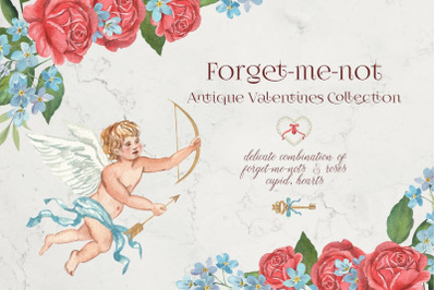 Forget-me-not Antique Valentines Collection. Cupid Clipart