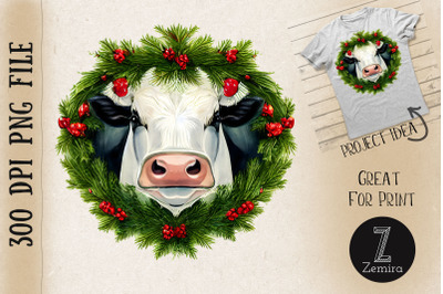 Cute Cow In Christmas Wreath