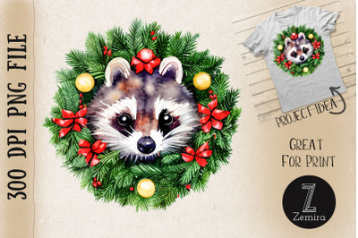 Cute Raccoon In Christmas Wreath