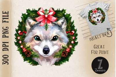 Cute Wolf In Christmas Wreath