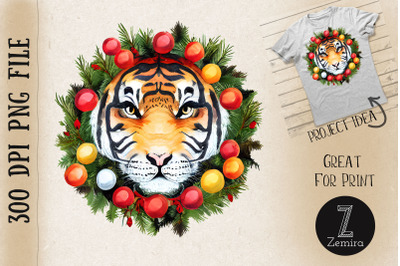 Cute Tiger In Christmas Wreath