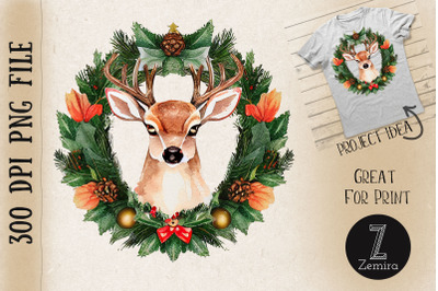 Cute Reindeer In Christmas Wreath