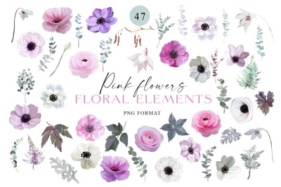Blooming flowers and greenery PNG, Spring floral elements