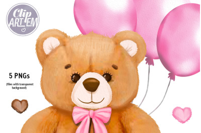 Cute Girl Bear Pink Balloon Watercolor Clip Art 5 PNG images