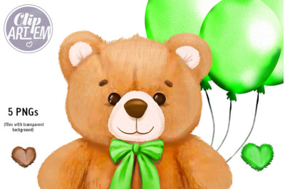 Cute Green Boy  Bear Clip Art 5 PNG Watercolor Images