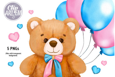 Cute Unisex Pink Blue Baby Bear Watercolor Clip Art 5 PNG images