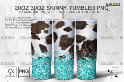 20oz CowHide Teal Glitter Skinny Tumbler SEAMLESS Design