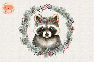 Christmas Wreath Cute Raccoon