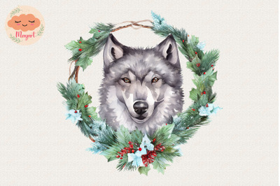 Christmas Wreath Cute Wolf