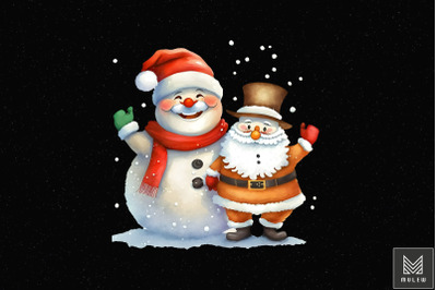 Watercolor Cute Santa And Snowman Xmas