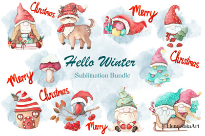 Christmas gnomes. Hello Winter Sublimation Bundle