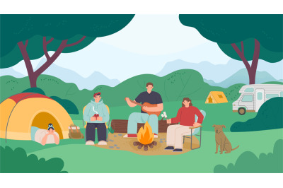 Camping people landscape. Family resting weekend with bbq and fireplac