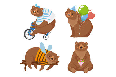 Cartoon bears, circus animal ride bicycle with air balloon