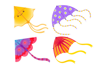 Cartoon colored kites of set for kids playing