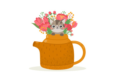 Cute teapot with bouquet of flowers and cat