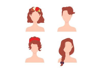 Flat woman hairstyles with flower, beauty and fashion