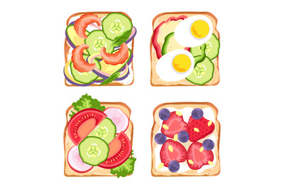 Healthy sandwiches of set, top of view. Illustration of meal isolated,