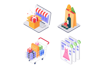 Isometric shopping concept, online order food and clothers