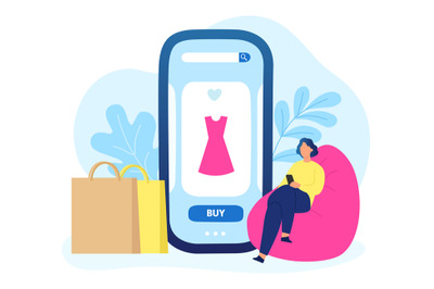 Online shopping, girl buying clothes with smartphone