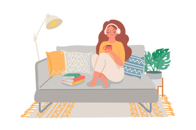 People home hobby, girl sitting on sofa with tea and book