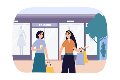 Shopping friends, two girls going to clothes retail